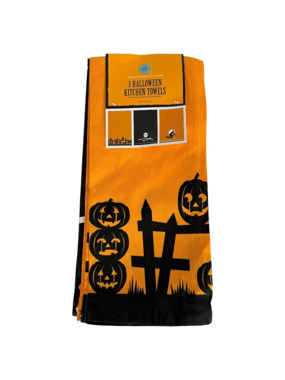 Martha Stewart Collection Halloween Kitchen Towel Set Of 3 Orange & Black Cotton